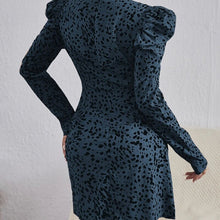 Load image into Gallery viewer, Shirring V-neck Puff Sleeve High Waist Ruffle Dress Office Lady Patchwork Long Sleeve Leopard Print Female Vestido 2022 New