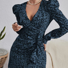 Load image into Gallery viewer, Shirring V-neck Puff Sleeve High Waist Ruffle Dress Office Lady Patchwork Long Sleeve Leopard Print Female Vestido 2022 New