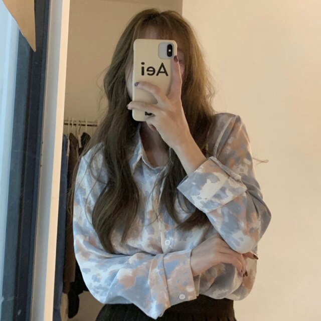 Shirts Women Tie-dye Leisure Floral Retro Long Sleeve All-match Elegant Sweet Females Blouses Korean Style Streetwear Ins Trendy