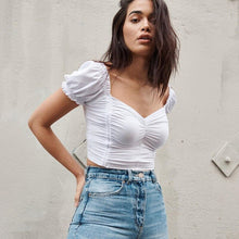 Load image into Gallery viewer, Short Puff Sleeve Cropped Tops Shirts Ruched Square Collar Backless Ruffles Crop Tops Summer Hot Sale Elegant Women Shirts 2020