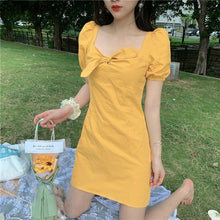 Load image into Gallery viewer, Short Puff Sleeve Dress Women Square Collar Bows Chic Elegant Mini Sexy Princess Fashion Solid Sweet Womens Vestido Summer Retro