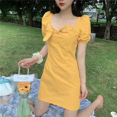Short Puff Sleeve Dress Women Square Collar Bows Chic Elegant Mini Sexy Princess Fashion Solid Sweet Womens Vestido Summer Retro