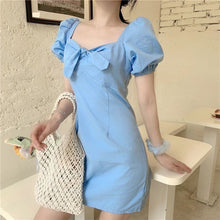 Load image into Gallery viewer, Short Puff Sleeve Dress Women Square Collar Bows Chic Elegant Mini Sexy Princess Fashion Solid Sweet Womens Vestido Summer Retro