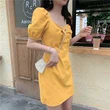 Load image into Gallery viewer, Short Puff Sleeve Dress Women Square Collar Bows Chic Elegant Mini Sexy Princess Fashion Solid Sweet Womens Vestido Summer Retro