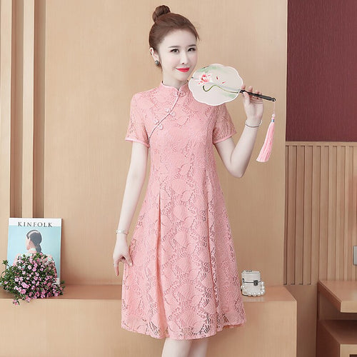 Short Sleeve Lace Stand Collar Slim High Waist Mini Dress Women Summer Chinese Style Solid Vintage Improved Cheongsam Female
