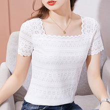 Load image into Gallery viewer, Short Sleeve Lace Tops New 2021 Summer Square Collar Women&#39;s T-Shirt Solid Color Hollow Out Women shirt Blusas
