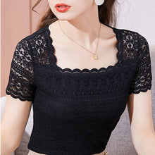 Load image into Gallery viewer, Short Sleeve Lace Tops New 2021 Summer Square Collar Women&#39;s T-Shirt Solid Color Hollow Out Women shirt Blusas