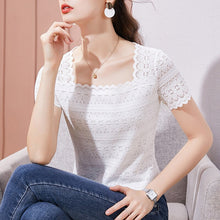 Load image into Gallery viewer, Short Sleeve Lace Tops New 2021 Summer Square Collar Women&#39;s T-Shirt Solid Color Hollow Out Women shirt Blusas