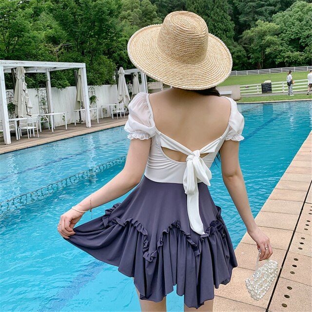 Short Sleeve One Piece Swimsuit Women Patchwork Swimwear Open Back Monokini Skirt Bathing Suit Ruffle Backless Push Up Pad Lace