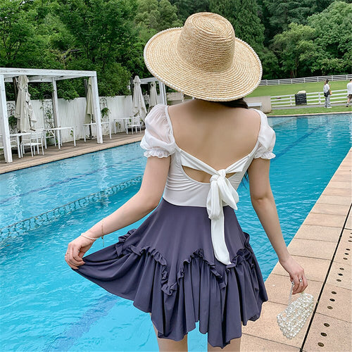 Short Sleeve One Piece Swimsuit Women Patchwork Swimwear Open Back Monokini Skirt Bathing Suit Ruffle Backless Push Up Pad Lace