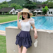 Load image into Gallery viewer, Short Sleeve One Piece Swimsuit Women Patchwork Swimwear Open Back Monokini Skirt Bathing Suit Ruffle Backless Push Up Pad Lace