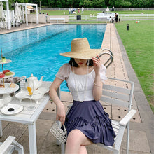 Load image into Gallery viewer, Short Sleeve One Piece Swimsuit Women Patchwork Swimwear Open Back Monokini Skirt Bathing Suit Ruffle Backless Push Up Pad Lace