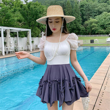 Load image into Gallery viewer, Short Sleeve One Piece Swimsuit Women Patchwork Swimwear Open Back Monokini Skirt Bathing Suit Ruffle Backless Push Up Pad Lace