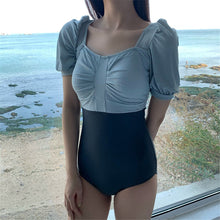 Load image into Gallery viewer, Short Sleeve One Piece Swimsuit Women Solid Swimwear Bow Monokini Pleated Swim Suit Open Back Bathing Suit Pads Push Up Korea