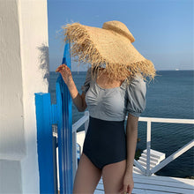 Load image into Gallery viewer, Short Sleeve One Piece Swimsuit Women Solid Swimwear Bow Monokini Pleated Swim Suit Open Back Bathing Suit Pads Push Up Korea