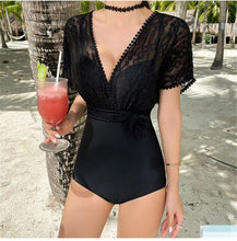 Load image into Gallery viewer, Short Sleeve One Piece Swimsuit Women Solid Swimwear High Cut Monokini Lace Swim Suit Ruffle Bathing Suit Pads Korea Style Pad
