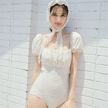 Load image into Gallery viewer, Short Sleeve One Piece Swimsuit Women Solid Swimwear Lace Monokini Push Up Swim Suit Korea Bathing Suit Pad Pleated Embroidery