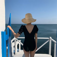 Load image into Gallery viewer, Short Sleeve One Piece Swimsuit Women Solid Swimwear Open Back Monokini Belt Swim Backless Bathing Suit Pads High Cut Pleated