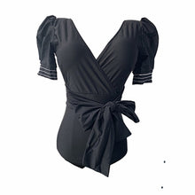 Load image into Gallery viewer, Short Sleeve One Piece Swimsuit Women Solid Swimwear Open Back Monokini Belt Swim Backless Bathing Suit Pads High Cut Pleated