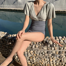 Load image into Gallery viewer, Short Sleeve One Piece Swimsuit Women Solid Swimwear Ruffle Monokini High Cut Swim Suit Pleated Bathing Suit Pad Push Up Korea