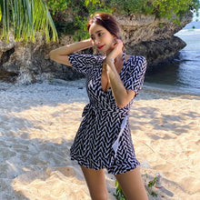 Load image into Gallery viewer, Short Sleeve One Piece Swimsuit Women Striped Swimwear Shorts Skirt Monokini Ruffle Flounce Push Up Pad Bathing Suit 2 Sets Belt