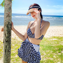 Load image into Gallery viewer, Short Sleeve One Piece Swimsuit Women Striped Swimwear Shorts Skirt Monokini Ruffle Flounce Push Up Pad Bathing Suit 2 Sets Belt