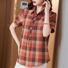 Load image into Gallery viewer, Short-Sleeve Plaid Shirt New 2021 Summer Cotton Blouse Shirt Fashion Casual Loose Tops Plus Size Clothing
