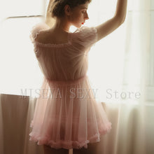 Load image into Gallery viewer, Short Sleeve Slash Neck Ruffle Bow Mesh Gauze Sheer Tops with Shorts  Woman Night Sleepwear Lingerie Pajamas Set Home Clothes