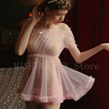 Load image into Gallery viewer, Short Sleeve Slash Neck Ruffle Bow Mesh Gauze Sheer Tops with Shorts  Woman Night Sleepwear Lingerie Pajamas Set Home Clothes