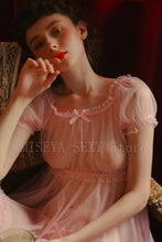 Load image into Gallery viewer, Short Sleeve Slash Neck Ruffle Bow Mesh Gauze Sheer Tops with Shorts  Woman Night Sleepwear Lingerie Pajamas Set Home Clothes