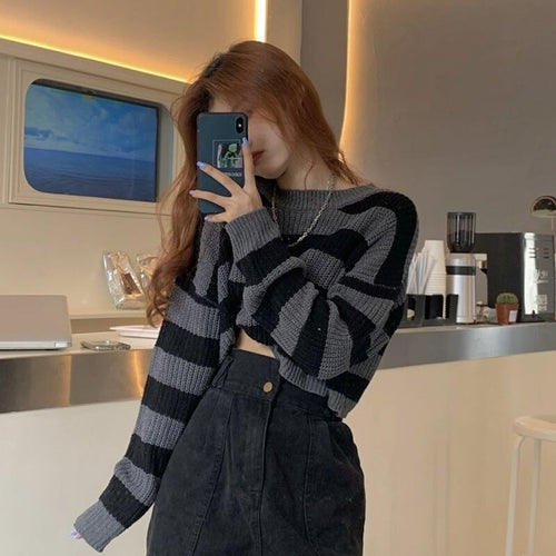 Short Striped Y2k Women Sweaters O neck Pullovers Knitted Jumpers Loose Sexy Sweet Students Streetwear Fashion Stylish Vintage