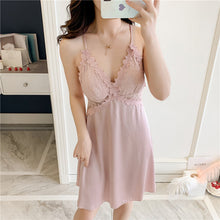 Load image into Gallery viewer, Silk Nightgowns Women Sexy Spaghetti Strap Sleepdress Nightie Summer Deep V Nightdress Satin Chiffon Sling Thin Sling Dress