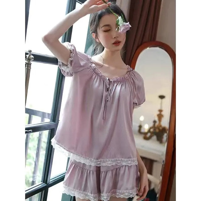 Silk Pajamas For Women Set Summer Pyjamas Women Thin Outer Wear Home Clothes Loose Solid Color Lace Kawaii Style Two-Piece Set