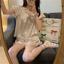 Load image into Gallery viewer, Silk Pajamas For Women Set Summer Pyjamas Women Thin Outer Wear Home Clothes Loose Solid Color Lace Kawaii Style Two-Piece Set