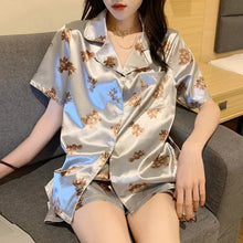 Load image into Gallery viewer, Silk Pajamas For Women Summer Thin Little Bear Printing Short Sleeve Shorts Cartoon Style Women&#39;S 2 Piece Set Satin Home Dress