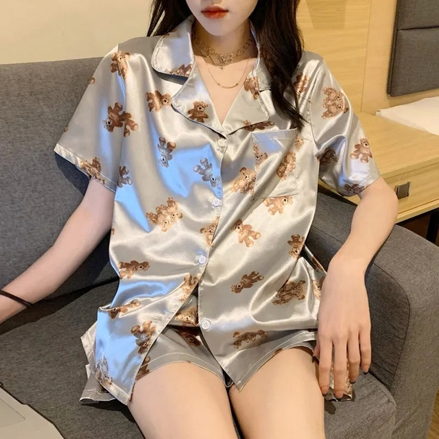 Silk Pajamas For Women Summer Thin Little Bear Printing Short Sleeve Shorts Cartoon Style Women'S 2 Piece Set Satin Home Dress
