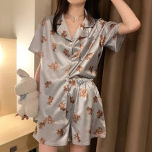 Load image into Gallery viewer, Silk Pajamas For Women Summer Thin Little Bear Printing Short Sleeve Shorts Cartoon Style Women&#39;S 2 Piece Set Satin Home Dress