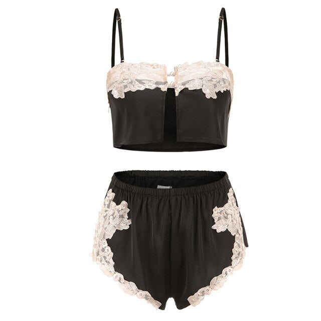 Silk Pajamas Women Sleepwear Sexy Lingerie Lace French Sweet Sleep Tops with Panty Home Wear Two Piece Set Summer Dropshipping