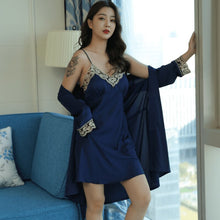 Load image into Gallery viewer, Silk Robe &amp; Gown Set Womens Lace Bathrobe Sexy Hot Erotic Floral kimono Nightgowns Lounge Robes Femme Sleepwear Satin Nighties
