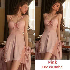 Silk Robe for Women Pamajas Set Sexy Sleepwear BathRobe Sets Lace Night Dress Backless Camisole Nightgown Sleep Tops Lingerie