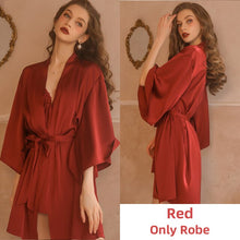 Load image into Gallery viewer, Silk Robe for Women Pamajas Set Sexy Sleepwear BathRobe Sets Lace Night Dress Backless Camisole Nightgown Sleep Tops Lingerie