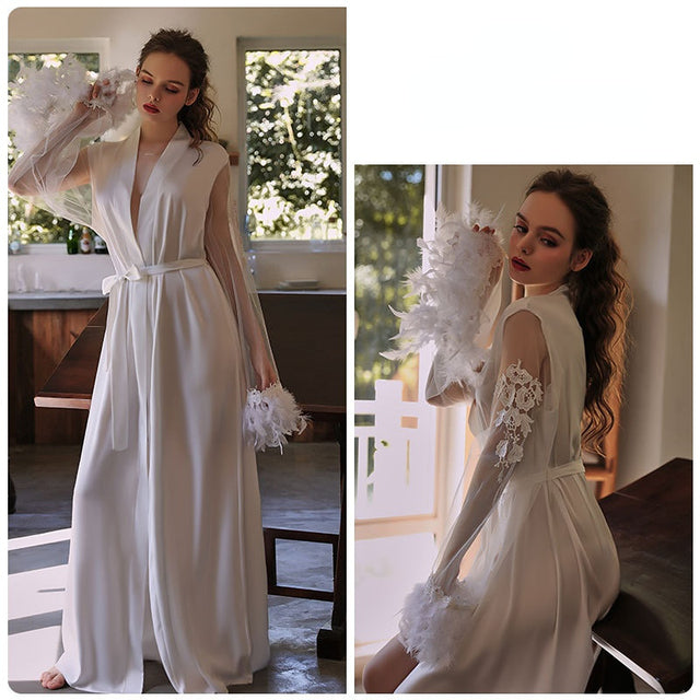 Silk Robes for Women Bath Robe Sets Bridesmaid Robes Feather Sleepwear Bridal Robes with Lace Bridesmaid Gift Sexy Kimono Robe