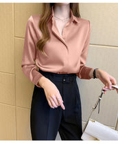 Load image into Gallery viewer, Silk Shirt Women&#39;s White Shirt Long-Sleeved Shirt Commuter Office Ladies Satin Silk One-Button Top Plus Size Ladies New 2021