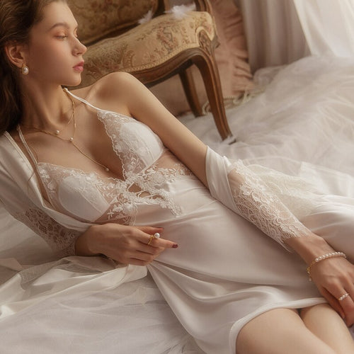 Silky Nightwear Sexy Sleepwear Embroidery Deep V Temptation Nightdress Beautiful Back with Chest Pad See Through Nightgowns