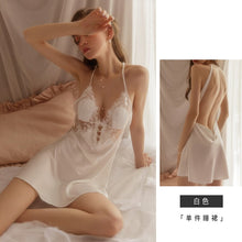 Load image into Gallery viewer, Silky Nightwear Sexy Sleepwear Embroidery Deep V Temptation Nightdress Beautiful Back with Chest Pad See Through Nightgowns