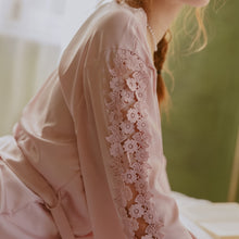 Load image into Gallery viewer, Silky Pajamas for Women Bathrobe Morning Gowns Lace-up Cutout Flower V-Neck Nightdress Gift for Wedding Homewear Sleep Set