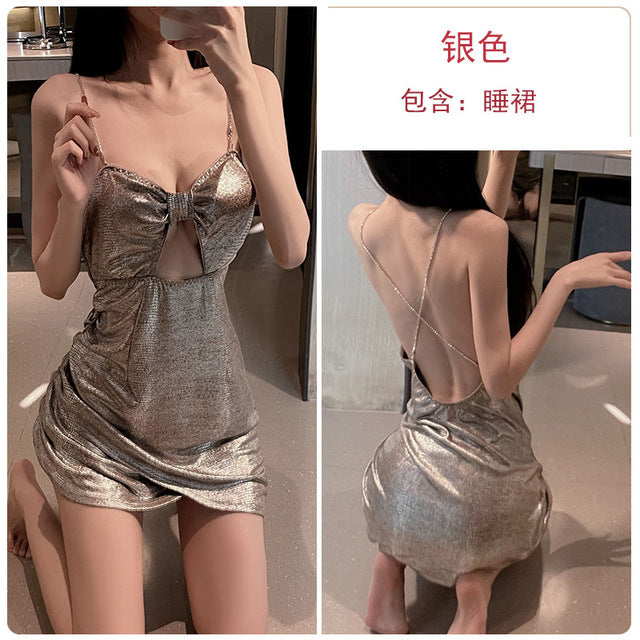 Silver Shiny Sexy Dress Women Lingerie Erotica Nightdress Bow Hollow Chain Slim Mini Skirt Night Club European Clothing Cosplay