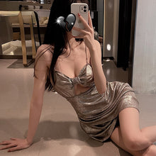 Load image into Gallery viewer, Silver Shiny Sexy Dress Women Lingerie Erotica Nightdress Bow Hollow Chain Slim Mini Skirt Night Club European Clothing Cosplay
