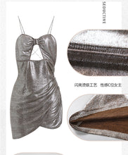 Load image into Gallery viewer, Silver Shiny Sexy Dress Women Lingerie Erotica Nightdress Bow Hollow Chain Slim Mini Skirt Night Club European Clothing Cosplay