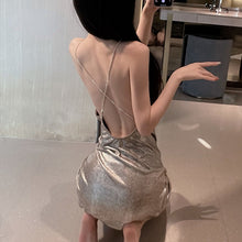 Load image into Gallery viewer, Silver Shiny Sexy Dress Women Lingerie Erotica Nightdress Bow Hollow Chain Slim Mini Skirt Night Club European Clothing Cosplay